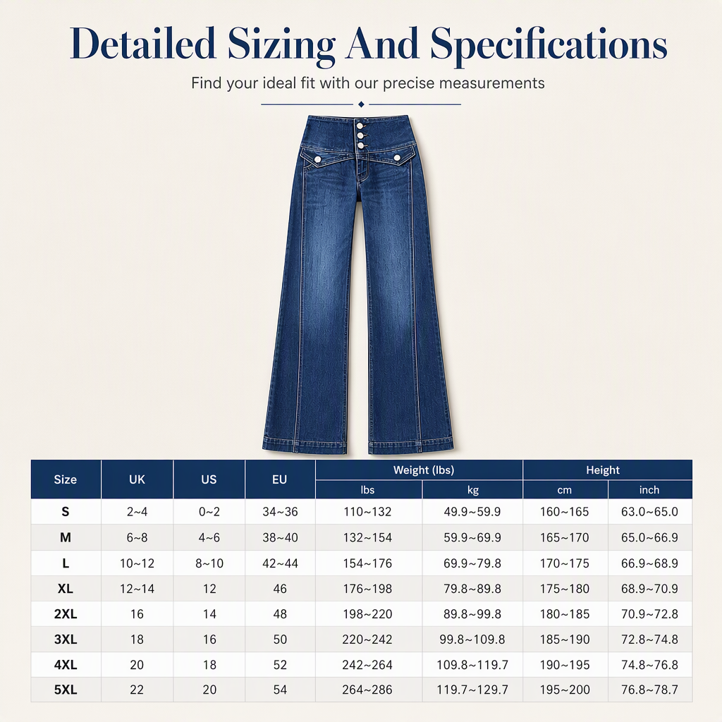 High Waisted Wide Leg Flare Denim Jeans with Triple Button Closure