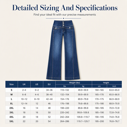 High Waisted Wide Leg Flare Denim Jeans with Triple Button Closure