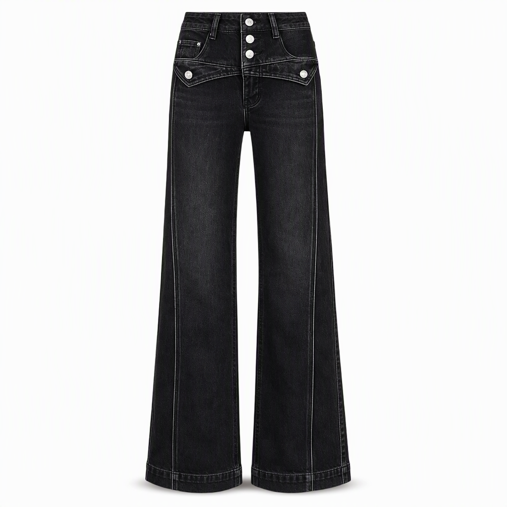 High Waisted Wide Leg Flare Denim Jeans with Triple Button Closure