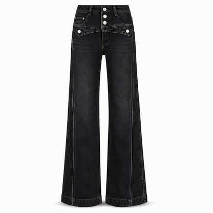 High Waisted Wide Leg Flare Denim Jeans with Triple Button Closure