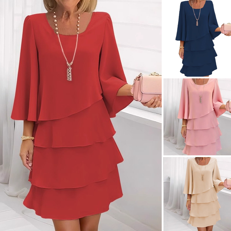 Women's Tiered Ruffle Dress with Flared Sleeves