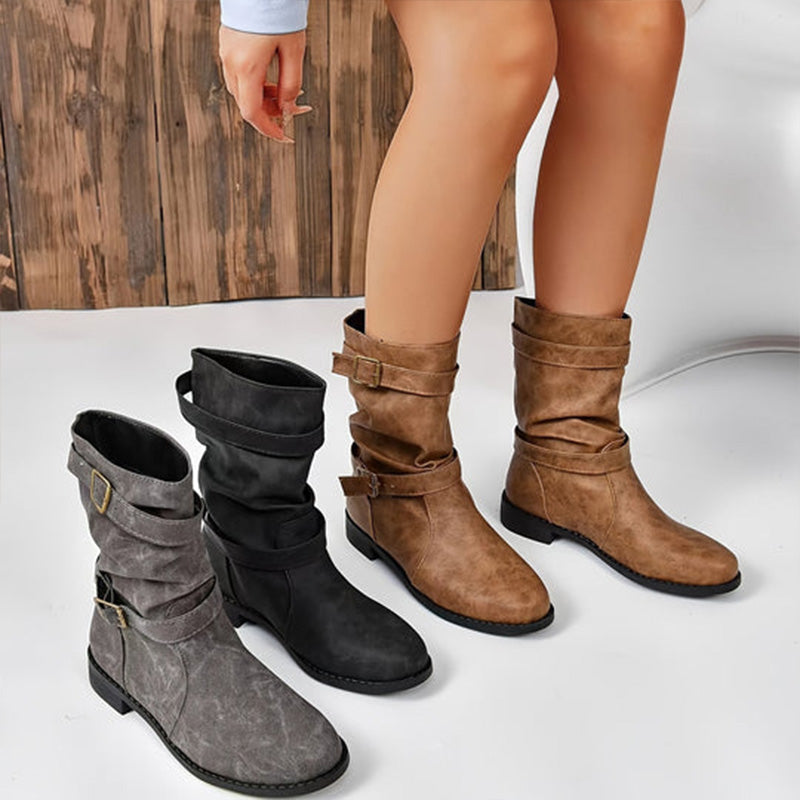 Women's Low Heel Buckle Boots