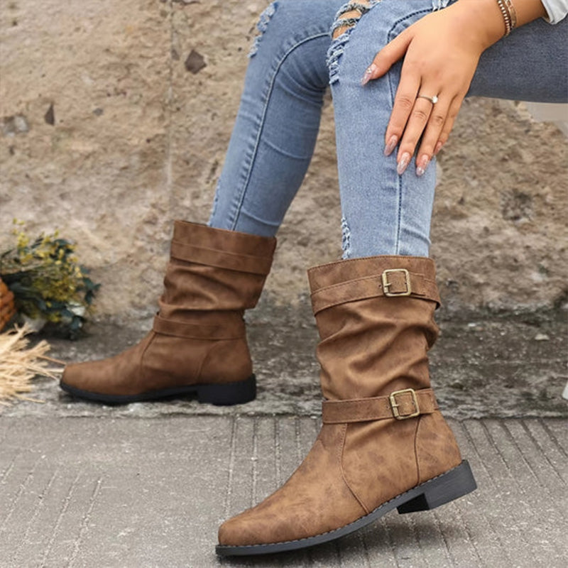 Women's Low Heel Buckle Boots