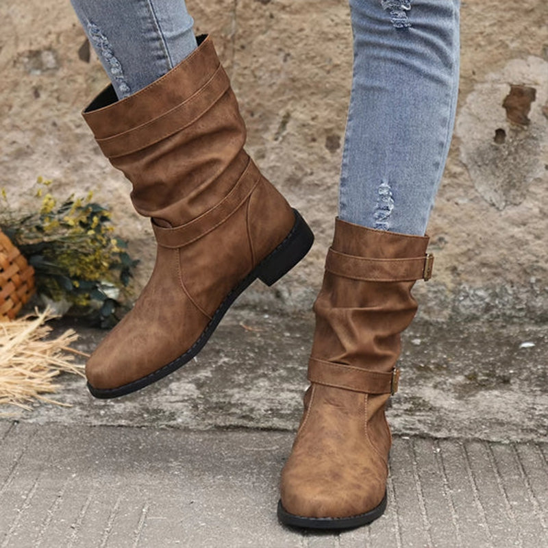 Women's Low Heel Buckle Boots