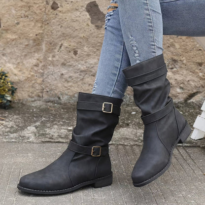 Women's Low Heel Buckle Boots