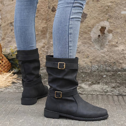 Women's Low Heel Buckle Boots