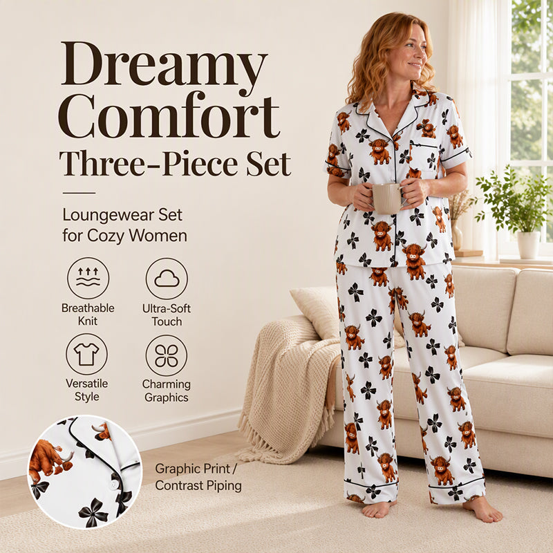 🐮 Women's Highland Cow Print 3-Piece Pajama Set | Cozy Comfort & Easy Lounging ✨