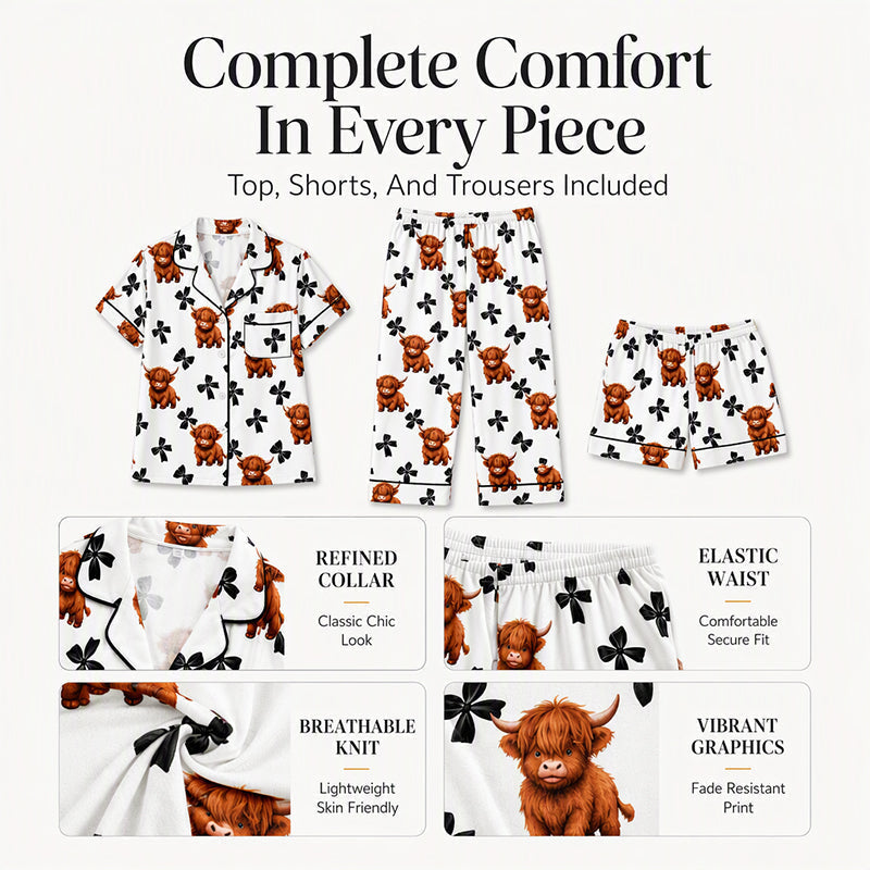 🐮 Women's Highland Cow Print 3-Piece Pajama Set | Cozy Comfort & Easy Lounging ✨