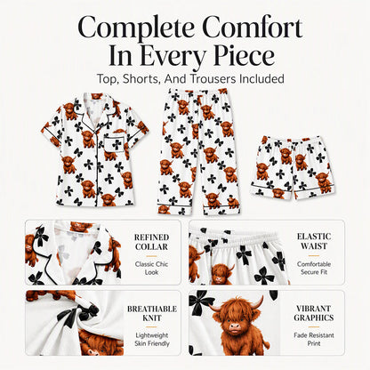 🐮 Women's Highland Cow Print 3-Piece Pajama Set | Cozy Comfort & Easy Lounging ✨