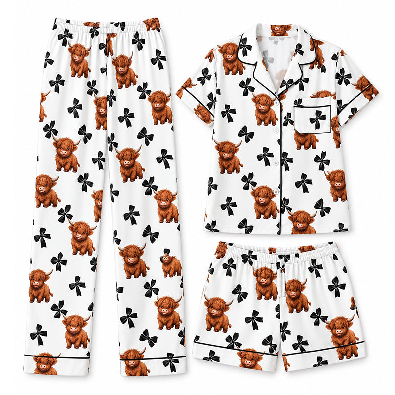 🐮 Women's Highland Cow Print 3-Piece Pajama Set | Cozy Comfort & Easy Lounging ✨