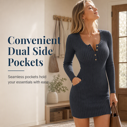 💖 Womens Autumn Winter Solid Color Long Sleeve Slim Fit Bodycon Button Dress