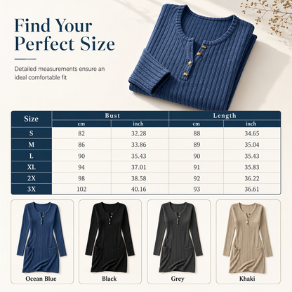 💖 Womens Autumn Winter Solid Color Long Sleeve Slim Fit Bodycon Button Dress