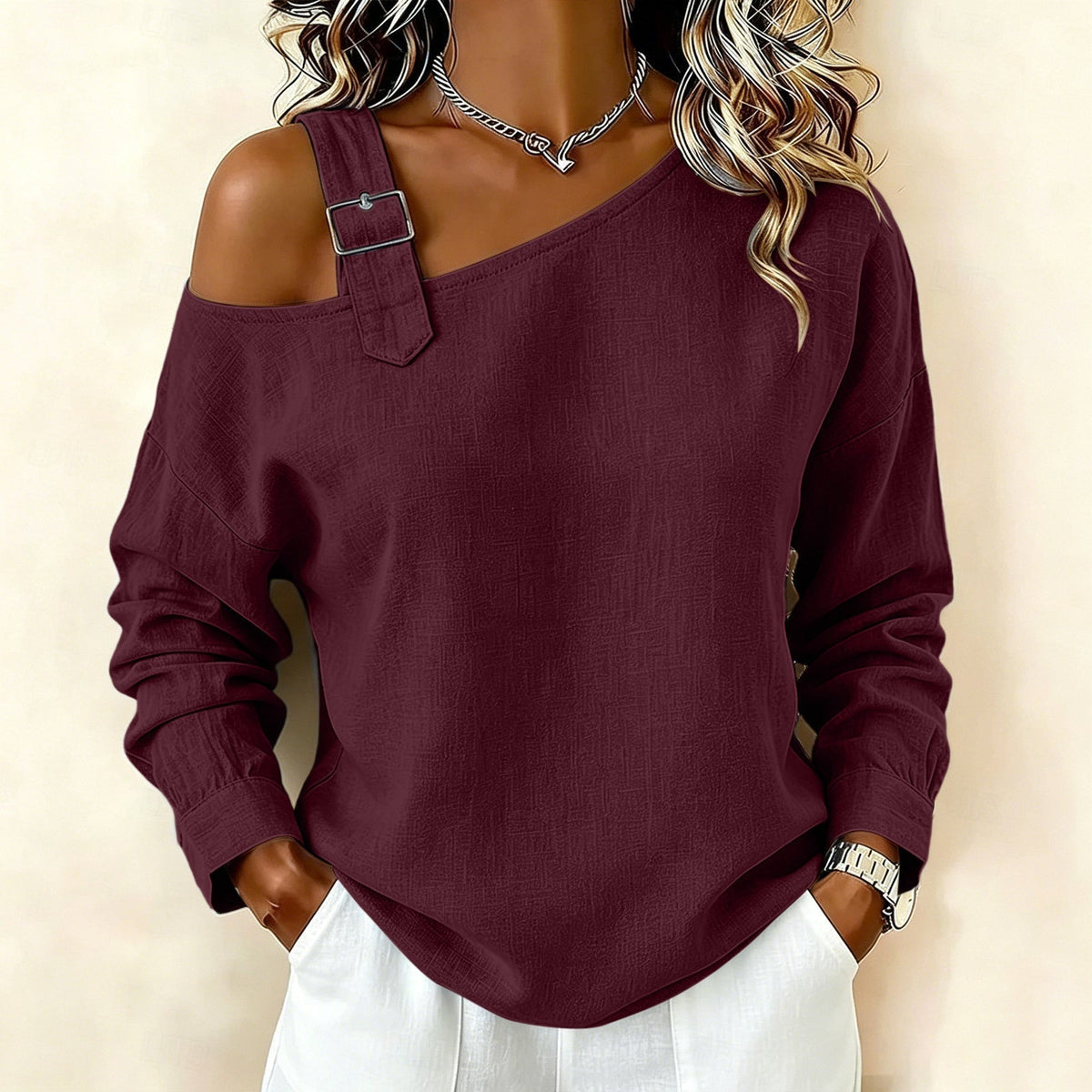 ✨Asymmetrisk design, unik & snygg – Dam en-axel linne-topp ✨-13