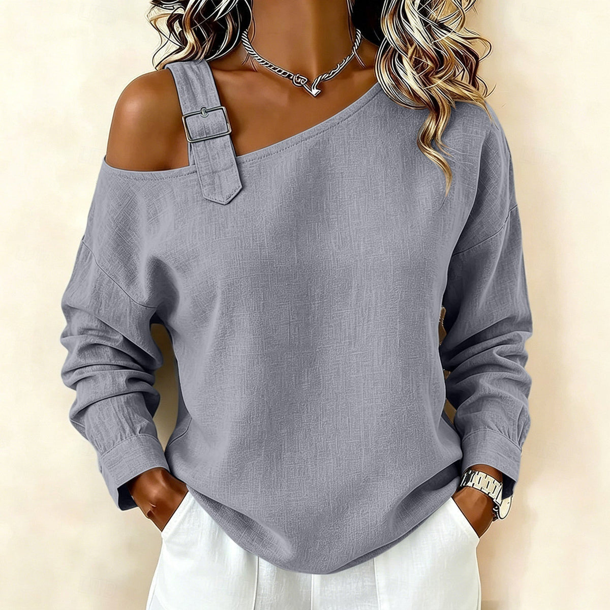 ✨Asymmetrisk design, unik & snygg – Dam en-axel linne-topp ✨-14