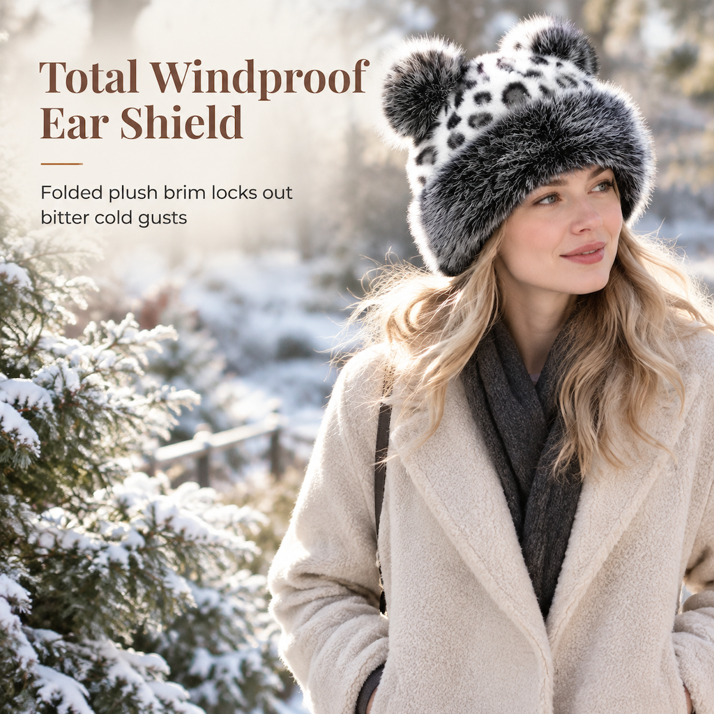 Retro Leopard Print Women’s Autumn/Winter Bear-Ear Thickened Warm Ear-Warming Hat