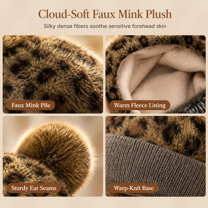 Retro Leopard Print Women’s Autumn/Winter Bear-Ear Thickened Warm Ear-Warming Hat