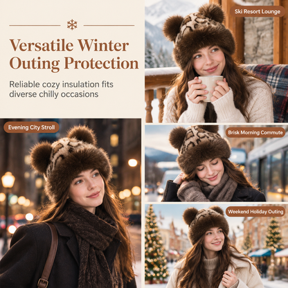 Retro Leopard Print Women’s Autumn/Winter Bear-Ear Thickened Warm Ear-Warming Hat