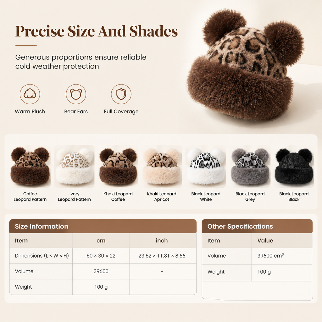 Retro Leopard Print Women’s Autumn/Winter Bear-Ear Thickened Warm Ear-Warming Hat