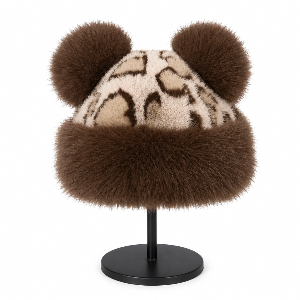 Retro Leopard Print Women’s Autumn/Winter Bear-Ear Thickened Warm Ear-Warming Hat