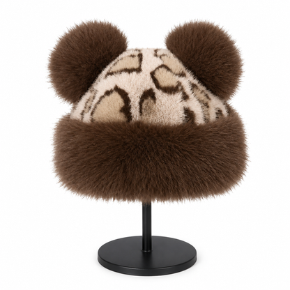 Retro Leopard Print Women’s Autumn/Winter Bear-Ear Thickened Warm Ear-Warming Hat