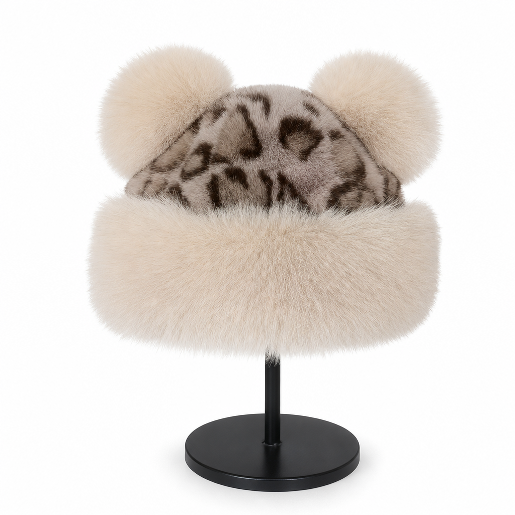 Retro Leopard Print Women’s Autumn/Winter Bear-Ear Thickened Warm Ear-Warming Hat