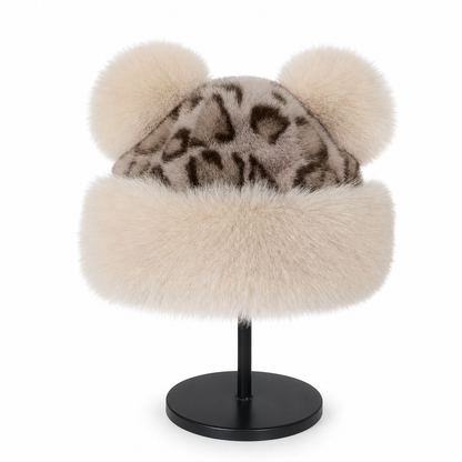 Retro Leopard Print Women’s Autumn/Winter Bear-Ear Thickened Warm Ear-Warming Hat