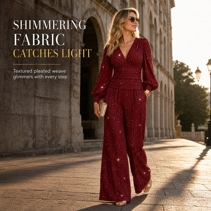 🎁✨ Women's Two Piece Outfit Fall Winter Deep V Neck Lantern Sleeve Pleated Top and Wide Leg Pants with Pockets