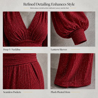 🎁✨ Women's Two Piece Outfit Fall Winter Deep V Neck Lantern Sleeve Pleated Top and Wide Leg Pants with Pockets