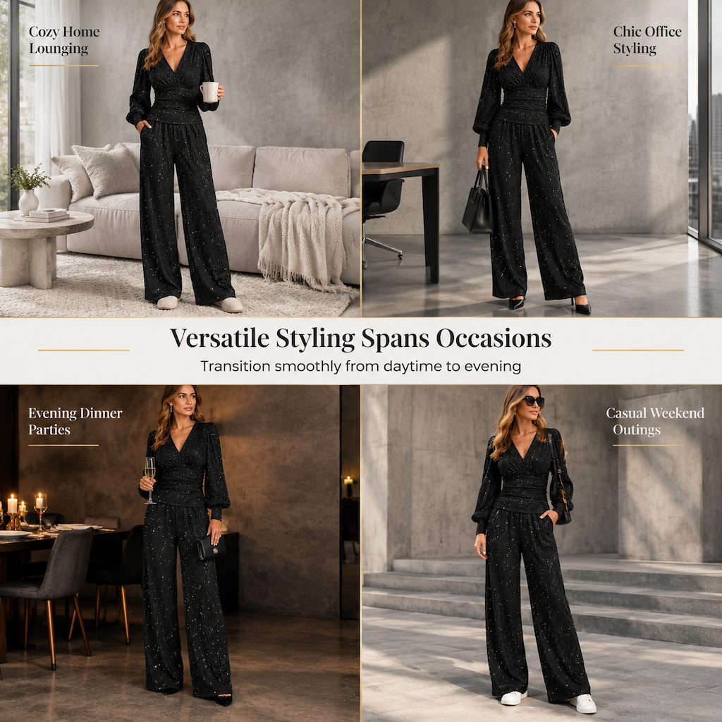 🎁✨ Women's Two Piece Outfit Fall Winter Deep V Neck Lantern Sleeve Pleated Top and Wide Leg Pants with Pockets