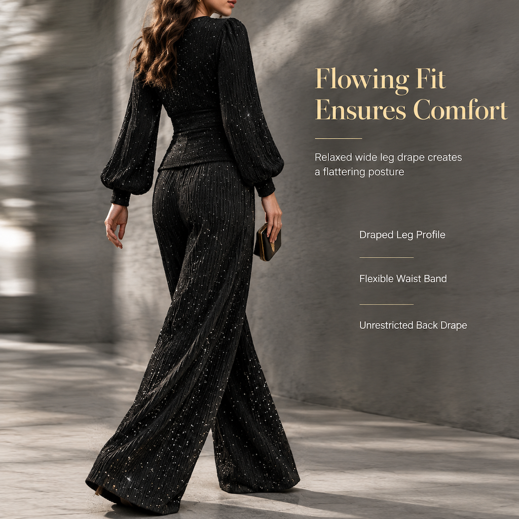 🎁✨ Women's Two Piece Outfit Fall Winter Deep V Neck Lantern Sleeve Pleated Top and Wide Leg Pants with Pockets