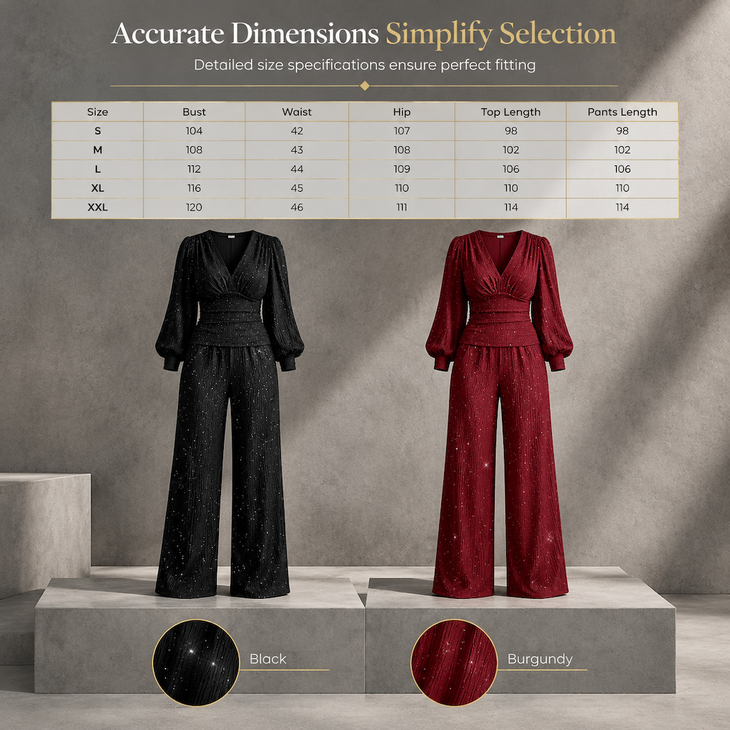 🎁✨ Women's Two Piece Outfit Fall Winter Deep V Neck Lantern Sleeve Pleated Top and Wide Leg Pants with Pockets