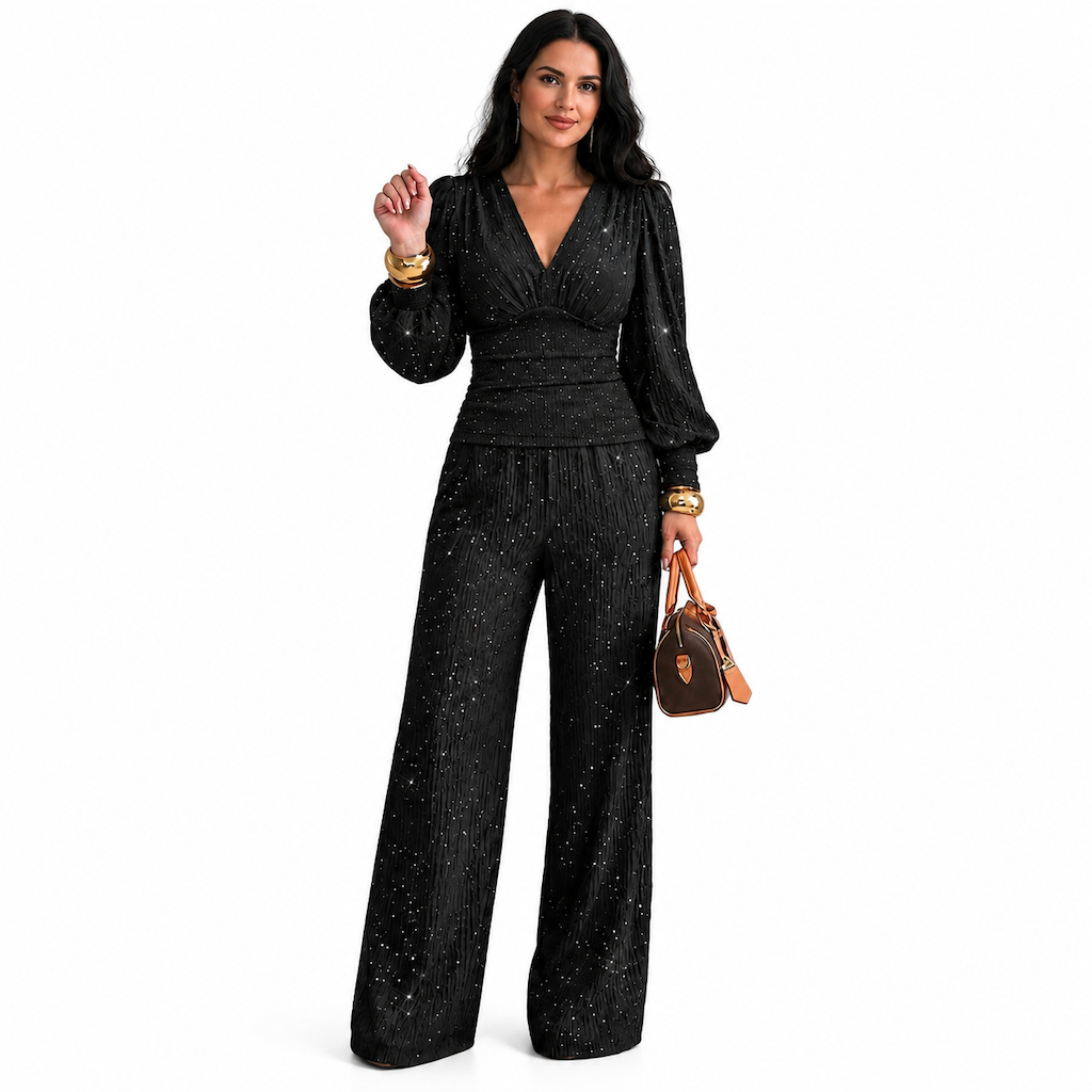 🎁✨ Women's Two Piece Outfit Fall Winter Deep V Neck Lantern Sleeve Pleated Top and Wide Leg Pants with Pockets