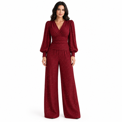 🎁✨ Women's Two Piece Outfit Fall Winter Deep V Neck Lantern Sleeve Pleated Top and Wide Leg Pants with Pockets