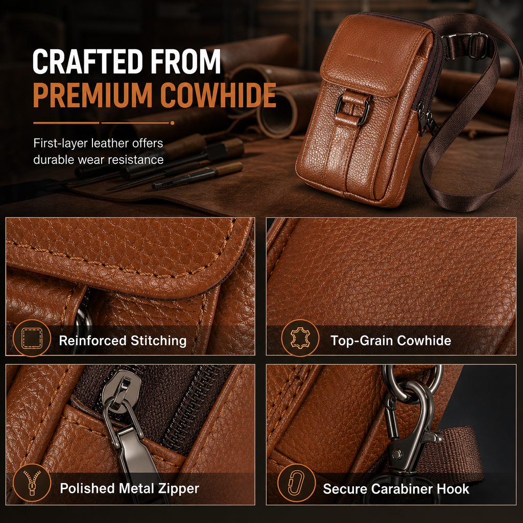 Men Genuine Leather Phone Waist Bag Belt Loop Holster Multifunctional Mini Shoulder Pouch