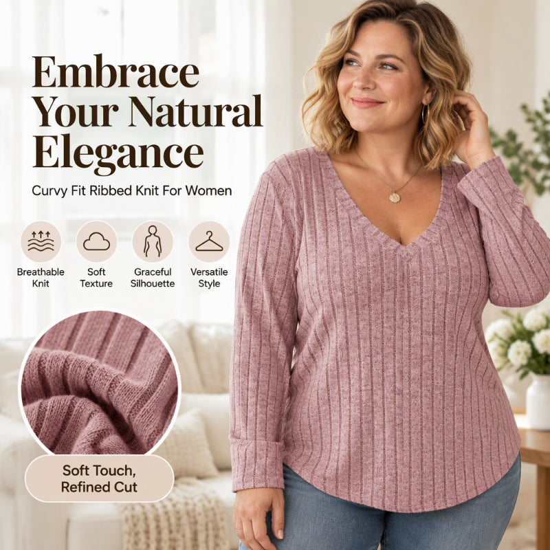 Women's Plus Size Ribbed Brushed Long Sleeve Top