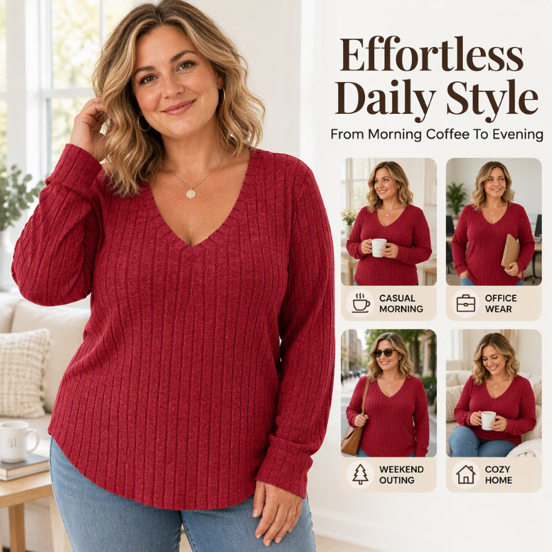 Women's Plus Size Ribbed Brushed Long Sleeve Top