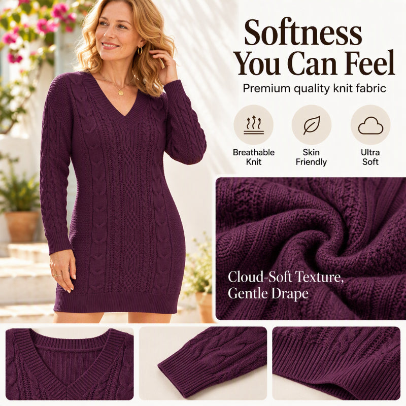 Women's Casual V-Neck Cable Knit Dress