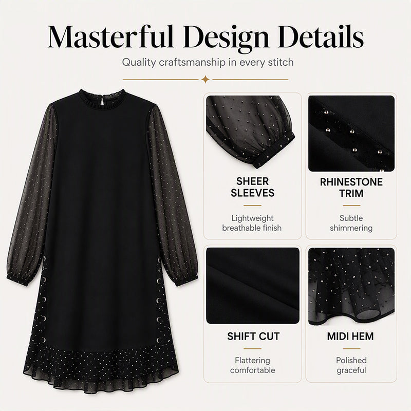 Women's Elegant Dress with Sheer Dotted Sleeves
