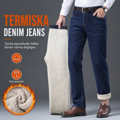 Varmfodrade jeans för män, vintermodell, lösa raka ben, avslappnade jeansbyxor