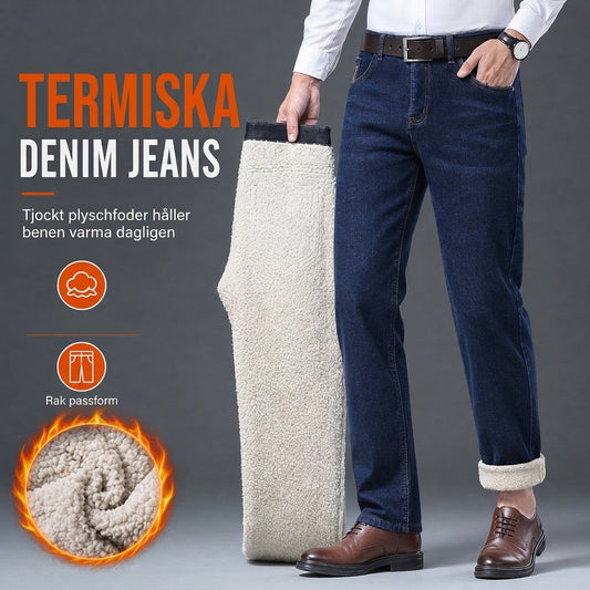 Varmfodrade jeans för män, vintermodell, lösa raka ben, avslappnade jeansbyxor
