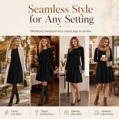 Women's Casual Loose Fit Solid Color Long Sleeve Crew Neck Dress