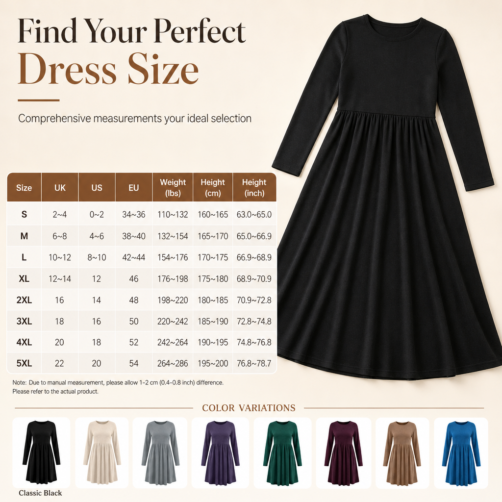 Women's Casual Loose Fit Solid Color Long Sleeve Crew Neck Dress